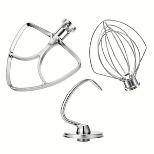 Stainless Steel Stand Mixer Attachments 3-Piece (4.5-5QT Flat Beater, 4.5-5QT Dough Hook, K45WW 6-Wire Whip Attachment) For KitchenAid Tilt-Head Stand Mixer And 4.5-5 Quart Bowl, Dishwasher Safe