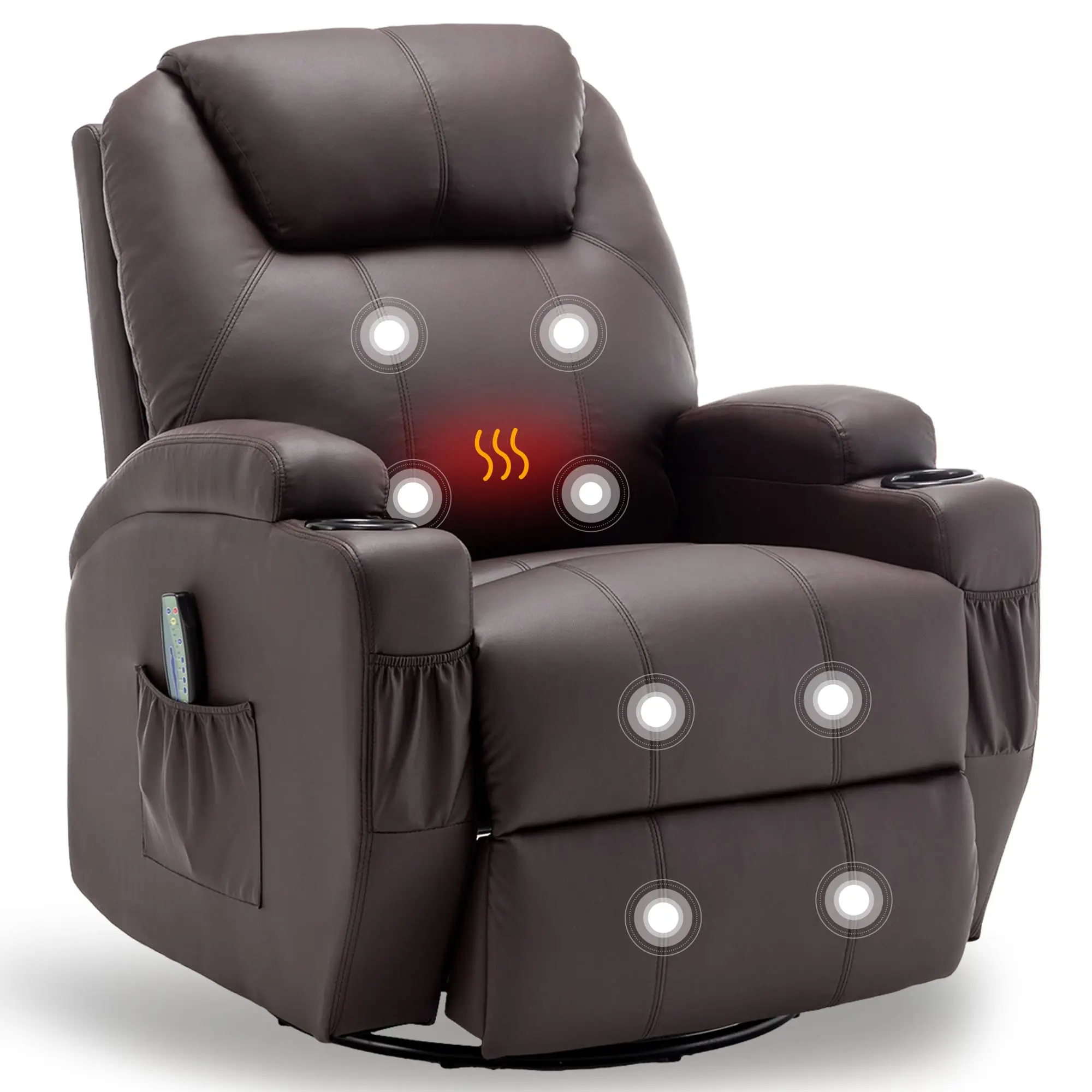 Korser Faux Leather Rocking Swivel Recliner Chair - 8 Vibration Massage Points (Thighs, Legs), 360° Swivel, Heat, Remote Control, Cup Holder, Storage, Lumbar Relief, Water-Resistant Easy-Clean Cover, Relaxation, Ease of Use for Living Room, Durable