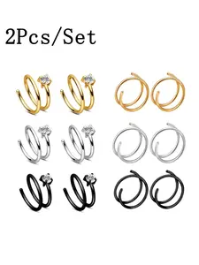 2PCS 20G Stainless Steel Double Nose Rings Hoops For Single Piercing Nose Ring Set, Silver Gold Black White CZ Nose Rings Tragus Cartilage Earring Nose Ring Hoop Nose Rings Tragus Earrings Nostril Nose Piercing Jewelry For Women Cubic Zirconia Jewelry