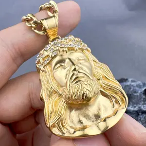 STAINLESS STEEL JESUS PORTRAIT RELIGIOUS GOLD PLATED PENDANT & 6mm 24" CUBAN BLING CHAIN NECKLACE JEWELRY