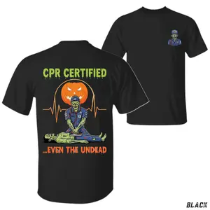 CPR Certified Halloween T-Shirt, Funny Zombie Paramedic Graphic with Pumpkin, EMT CPR Training Graphic Shirt for EMS Workers, Gift for First Responders