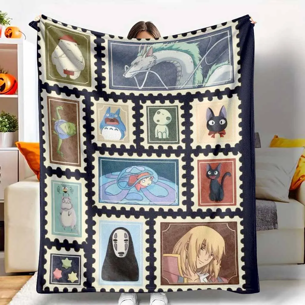 Studio Style Fantasy Characters Stamp Pattern Flannel Blanket Soft Cozy Lightweight Warm Decorative Throw Blanket Perfect for Sofa Bedroom Office Travel Gift Movie Night Home Decor