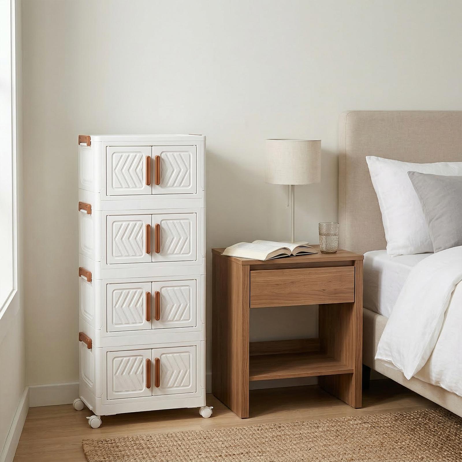 4 Tier Collapsible Storage Bins with Doors & Wheels Stackable Closet Organizers (Clear White)