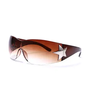 Rimless Y2K Sunglasses for Women Men Trendy Shield Wrap Around Oversized Fashion Frameless Eyewear with Star Detail