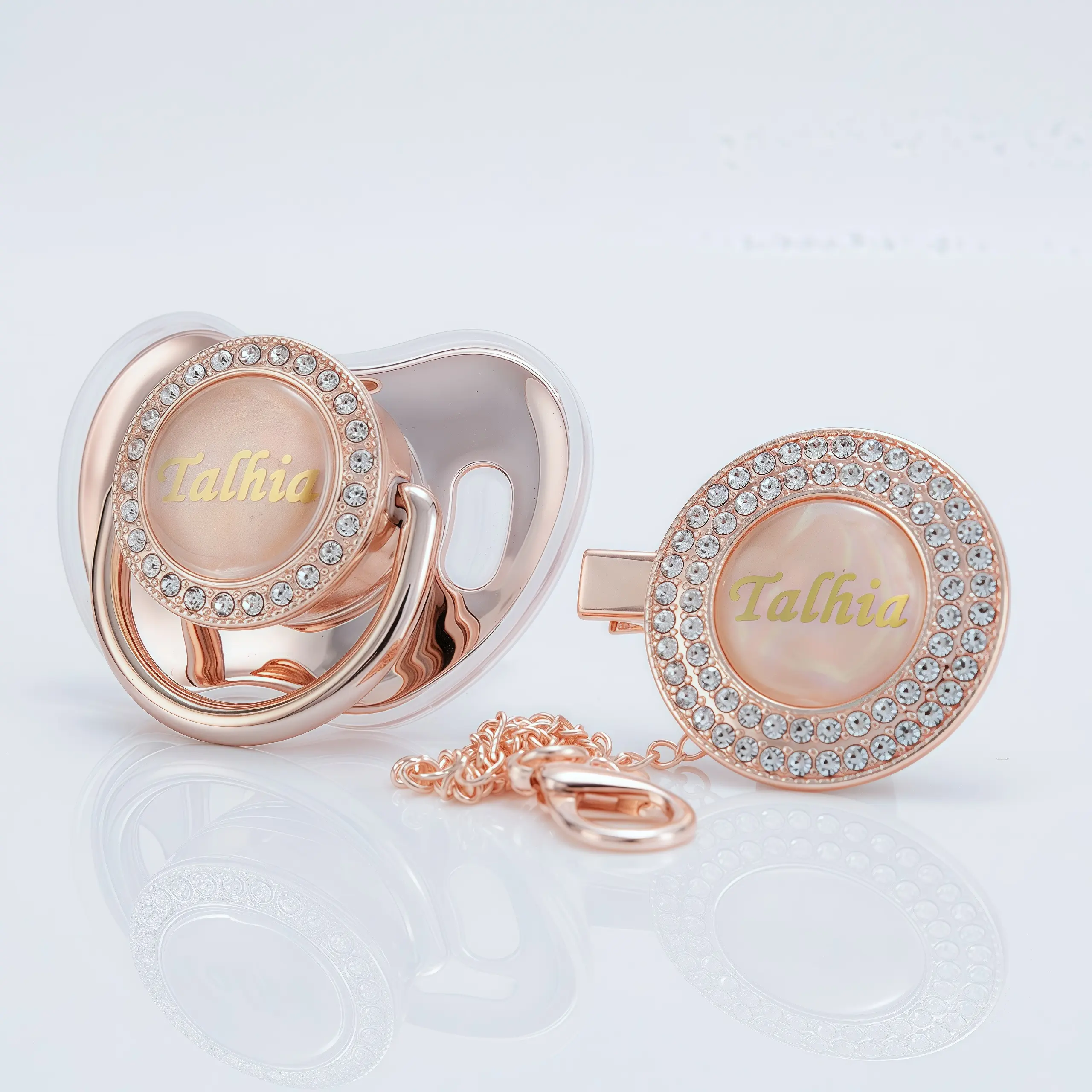 MIYOCAR Customized Rose Gold Bling Baby Pacifier & Clip Set – Personalized Diamond Binky for Newborns and Babies baby binky newborn  tracker gold  pacifier bling  pacifier