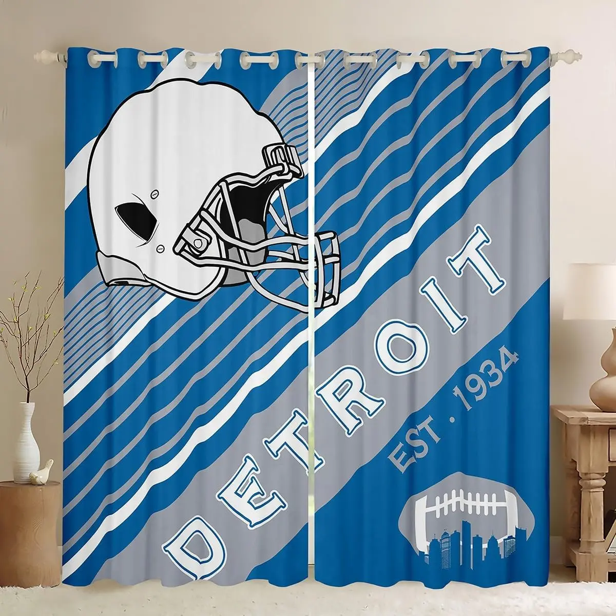 Feelyou Sports Themed Privacy Grommet Curtains - 30%-50% Blackout All-Over Print Non-White Printed Design Curtains, Home Decoration Accessories with Football, Rugby Helmet, Football City Prints, All-Over Print Curtains
