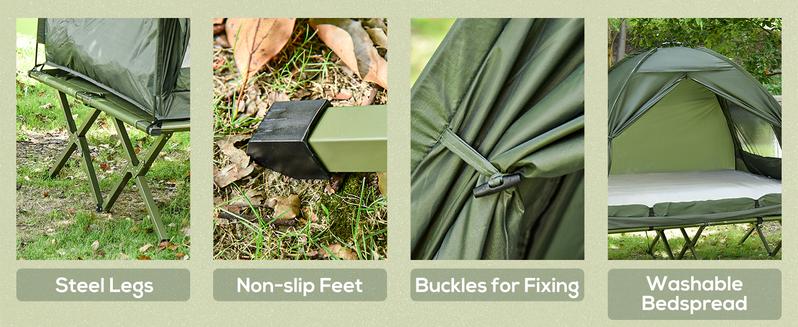 Outsunny 1/2 Person Foldable Camping Cot with Tent, Bedspread, Thick Air Mattress, 4-In-1 Elevated Camping Bed for Outdoor Hiking, Picnic, Travel
