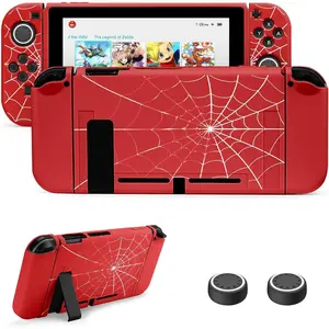 X-PCS09   Protective Case Compatible with Nintendo Switch 2017, TPU Case Accessory for Switch Console and Grip Joy-Con, Switch Protector with 4 Thumb Grips, Red Spider Web