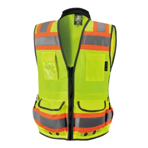 SV822 Green Hi Vis Adjustable Surveyor's Vest, Ventilated Back Work Safety Gear, Rear Mesh Panel Cools Busy Workdays, Zippered Flaps Secure Small Items