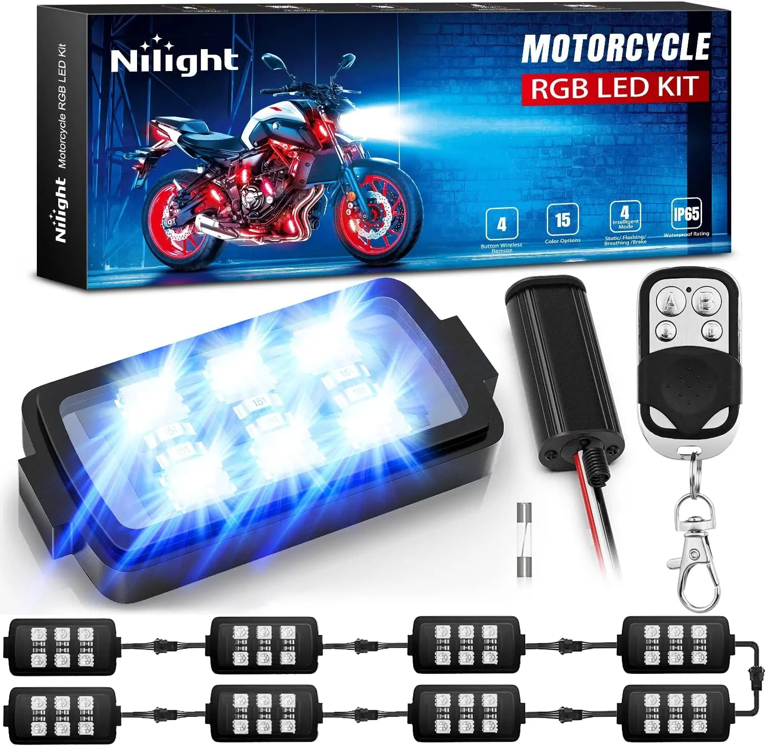 Nilight 8pcs Motorcycle RGB LED Strip Lights Kit Multi-Color Neon Waterproof Atmosphere Lights with RF Wireless Smart Remote Controllers for Harley Davidson Suzuki atmosphere lights vision a brake lights rgb w remote lights sea light rgb color, Rf Wireles