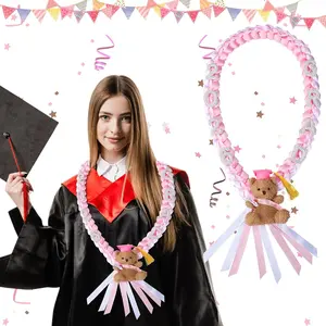 Pink Graduation Leis Class of 2026 Coquette Money Ribbon Leis with Bear Grad 2026 Pearl Stickers Braided Necklace for Women Graduates College Senior High School Gifts Grad Party Favors