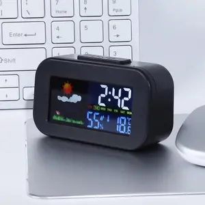 Modern ABS Adjustable Weather Station Clock with Color Display - Temp & Humidity Monitor, Backlit, Ideal for Kids, Perfect for Bedroom & Dorm Desk
