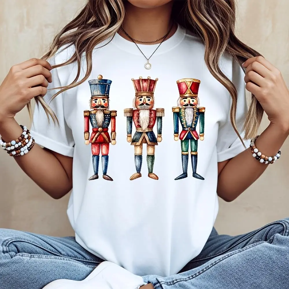 Three Nutcracker Soldiers Print T-Shirt, Christmas Holiday Festive Graphic Tee, Winter Xmas Party Casual Wear