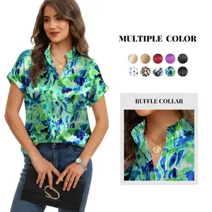 Satin Silk Blouses for Women Dressy Casual Summer Short Sleeve Button Down Shirts Ruffle Collar Work Top in Effortless Versatility - Womenswear, Fabric