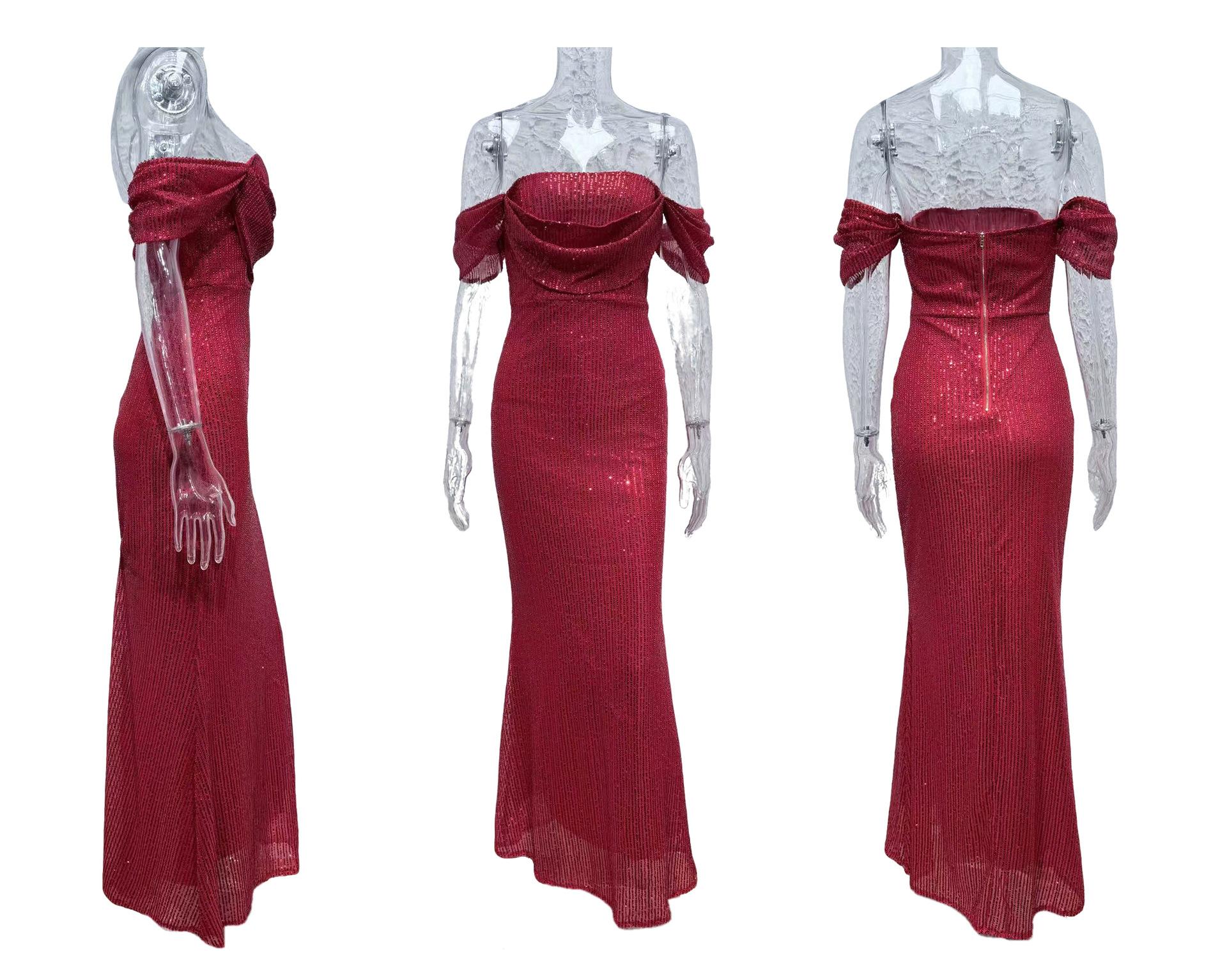 Womens Sequin Off-Shoulder Split Dress