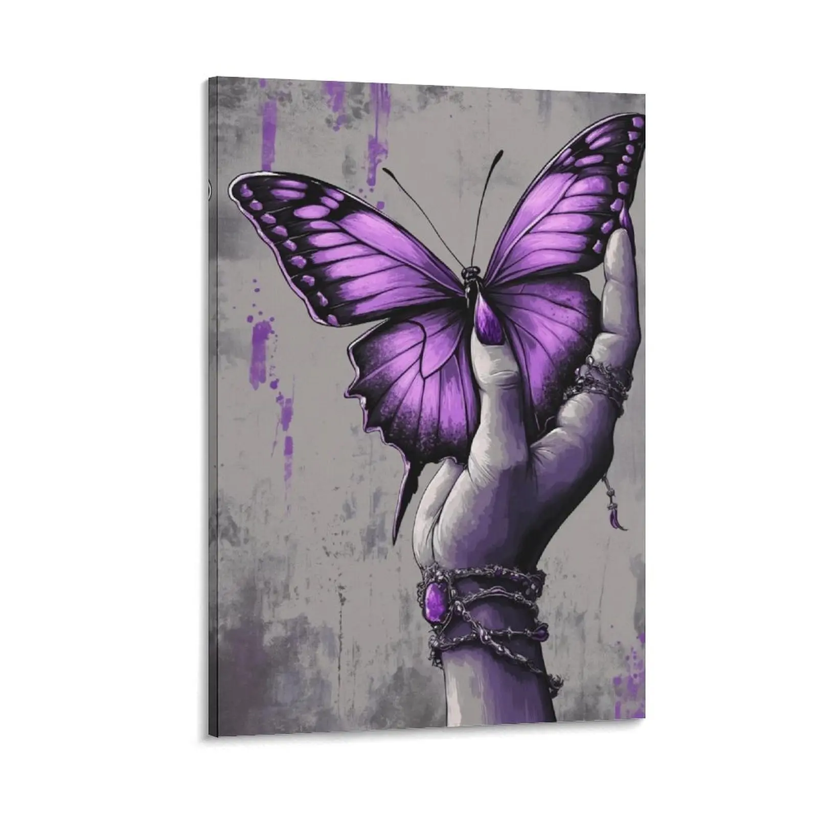 Aesthetic Grey-Purple Hand with Butterfly Wood-Frame Canvas Wall Art, Hangable Indoor Decoration with Multiple Sizes, Bedroom Decor, Artistic Print Poster for Occasion Gifting