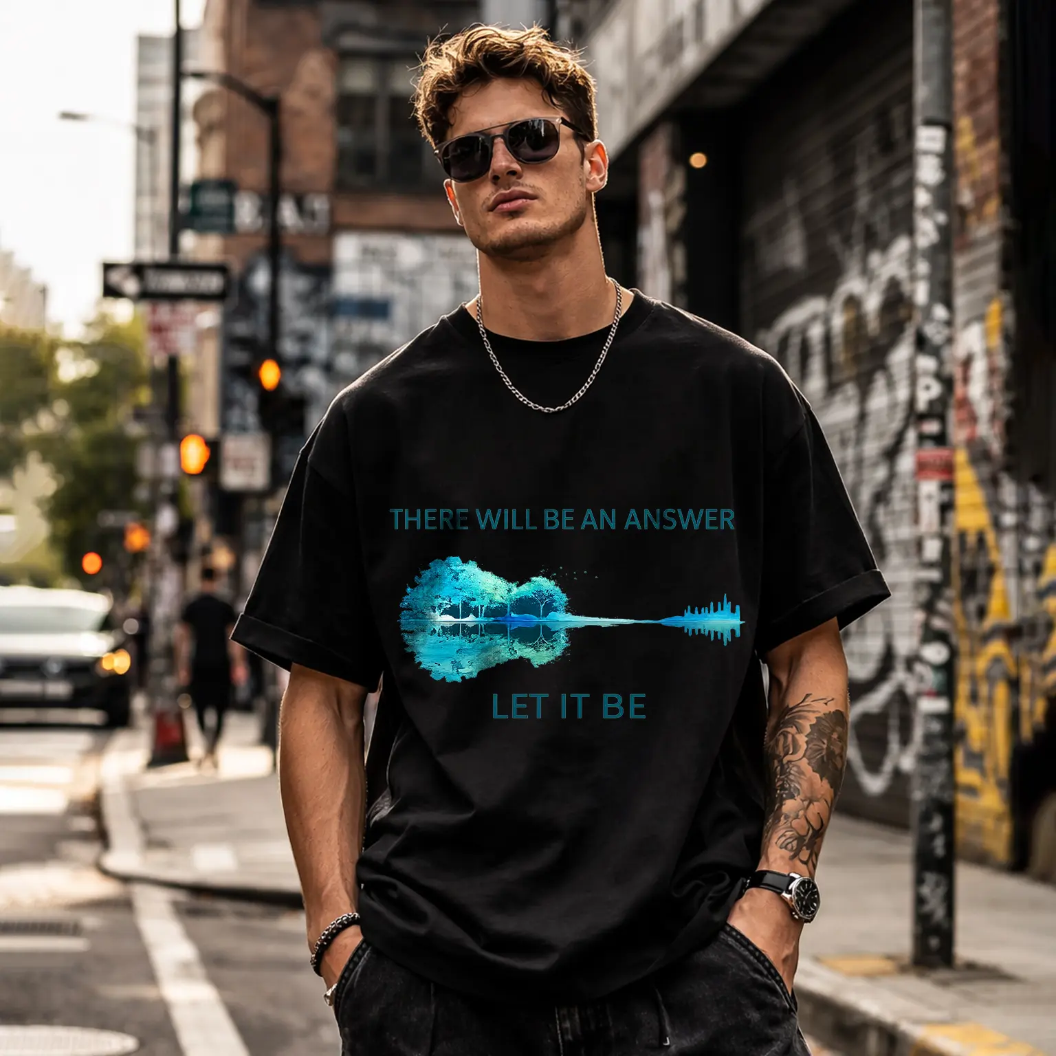 Inspirational Let It Be Guitar Graphic Tee Music Lover Casual T-Shirt Blue Crewneck
