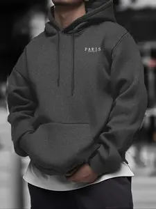 Men's Casual Solid Color Hooded Sweatshirt with Drawstring, Long Sleeve Streetwear Jumper with Unique Letter Print for Fall & Winter