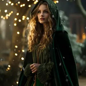 Fairy Tale Velvet Cloak with Hood, Green Polyester Full-Length Cape for Halloween, Renaissance Medieval Costume, All-Season Fantasy Robe for Adults Over 15 Years Old