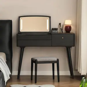 Wayshome Small Vanity Desk with LED Mirror, Solid Wood Flip-top Design Dressing Table with Drawer Divider, Vintage Dressing Table Vanity Desk for Bedroom, Black, 40" D x 17" W x 31" H