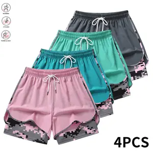 Pack of 4 women’s casual athletic shorts with built-in liner, drawstring, elastic waistband; suitable for outdoor sports, fitness, running, and casual wear; women’s shorts, athletic shorts, womenswear