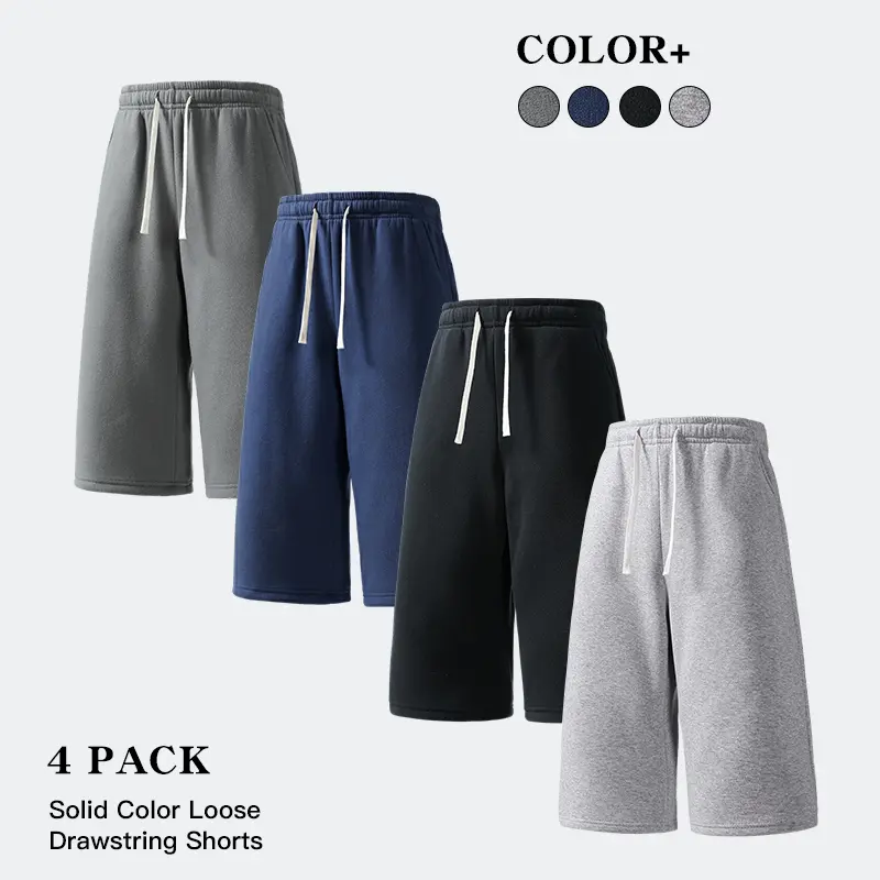 4 Pack Unisex Knee‑Length Capri Sweat Shorts Elastic Drawstring Wide Leg Cropped Lounge Shorts with Deep Pockets for Gym Jogging Home Daily Street Wear