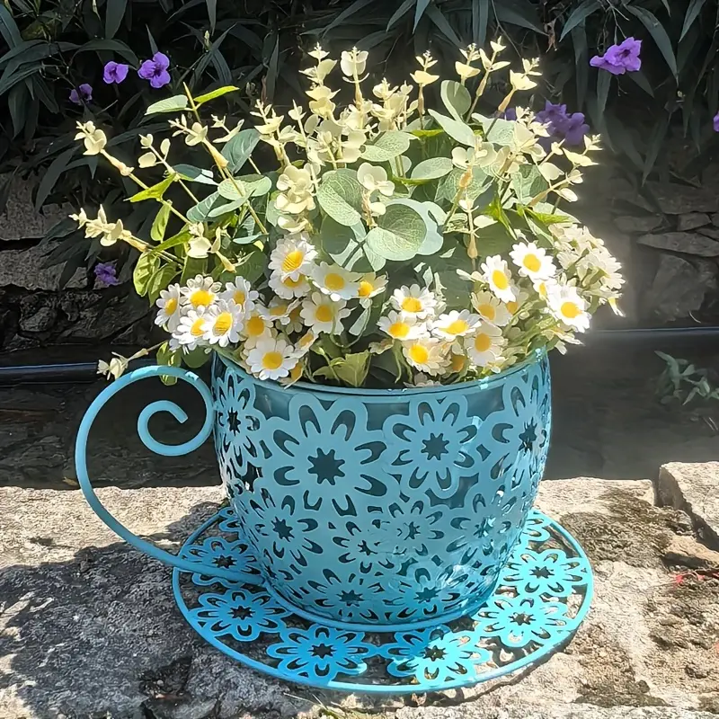 Vintage Iron Coffee Cup Planter With Handle, Round Metal Flower Pot For Succulents, Cactus, Herbs, Indoor Outdoor Tabletop & Balcony Decor