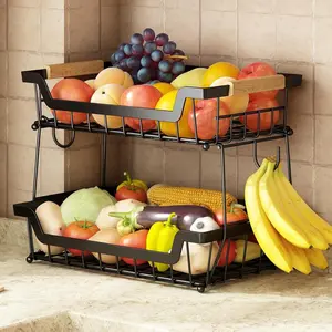 2 Tier Countertop Fruit Basket with 2 Banana Hangers for Kitchen, Detachable Metal Organizer for Bread Vegetable Fruits with Wooden Handle, Large Capacity Rectangular Storage Stand Bowls, Black