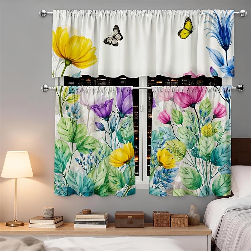 3pcs Kitchen Curtains with Colorful Floral and Butterfly Patterns |   Designed for Rod Pocket Hanging, Modern Art Print, Light-filtering Polyester, Excludes Rod, Available in Multiple Sizes