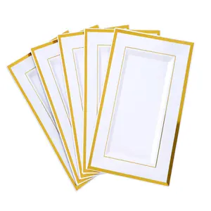 Black Friday 12Pcs 14''x9''Plastic Serving Tray with Gold Rim Rectangle Dessert Tray Disposable Cookie Cupcake Platters for Birthday Party Wedding