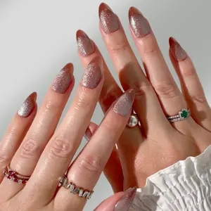 Rose Gold Press-on Nails - Almond Shape with Glitter-Tipped Elegance & Smooth Gradient Finish for Subtle Glamour