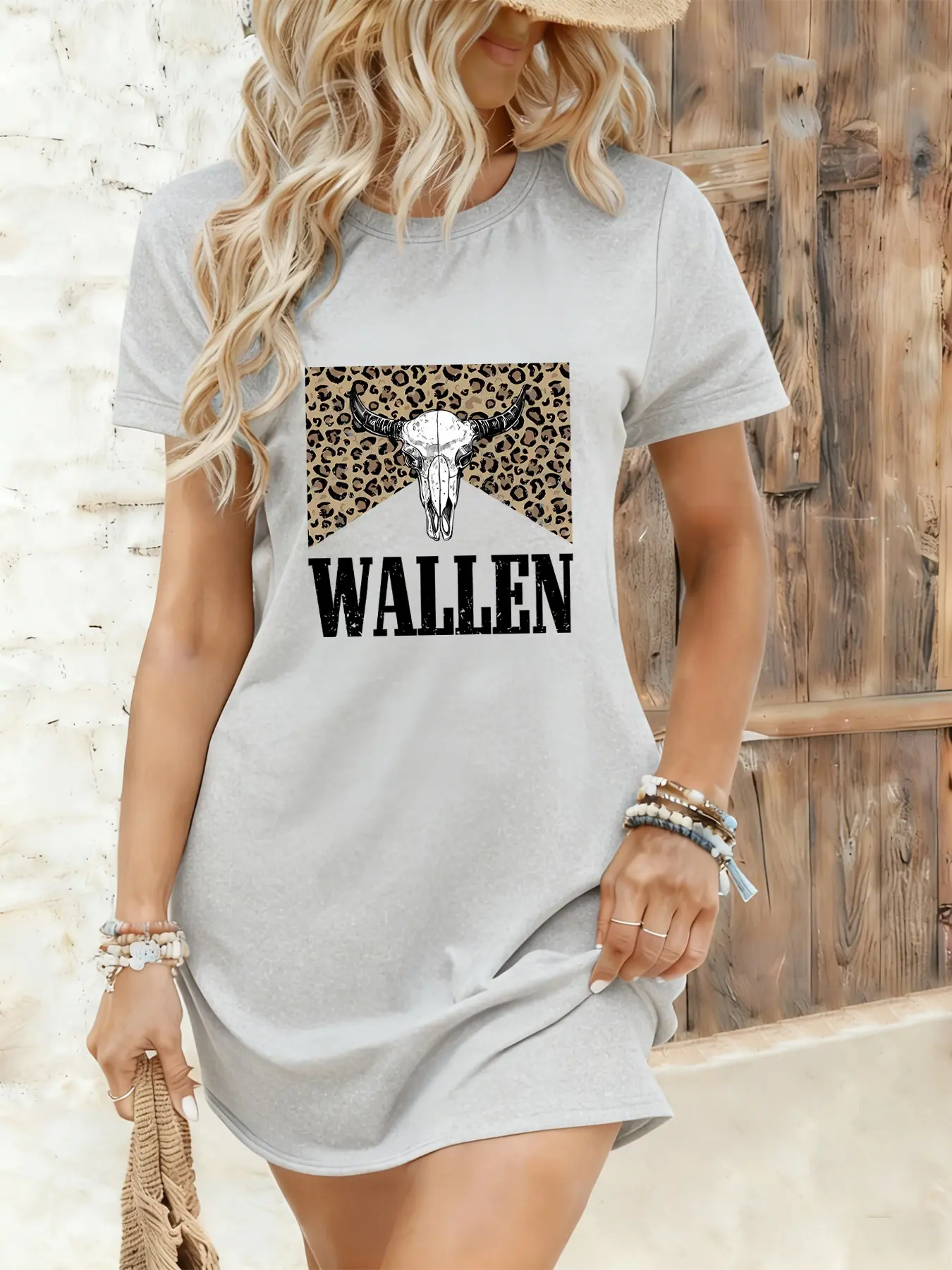 Wallen Bull Skull Leopard Print T-Shirt Dress for Women, Summer, Y2K Aesthetic Vibe Statement Casual Short Sleeve Bodycon Mini Dresses, Everyday, Country Music Outfit, Casual Fashion Clothing, Country Concert, Rodeo, Retro Western Style for Teen Girls