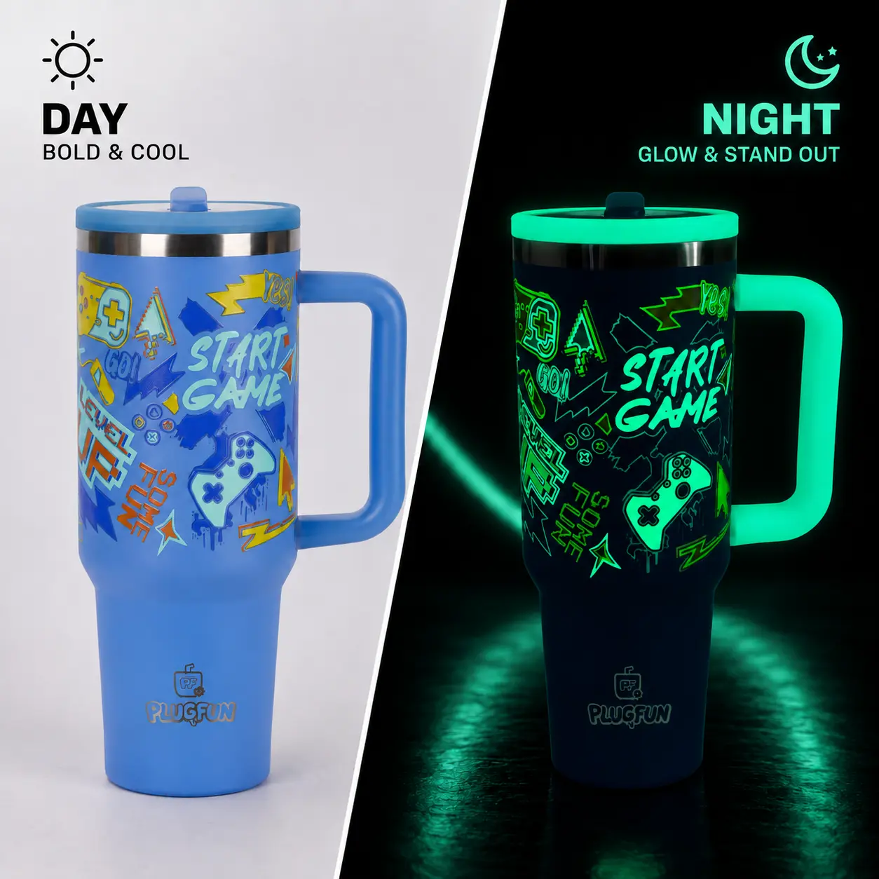PLUGFUN 40oz Glow in the Dark Tumbler with Handle and Straw, Stainless Steel Vacuum Insulated Drinkware, Leakproof Water Bottle, Car Cup Holder Friendly Mug, Cool Gift for Young Adults, Students & Gamers, Back to School Essential for Gaming & Daily Use