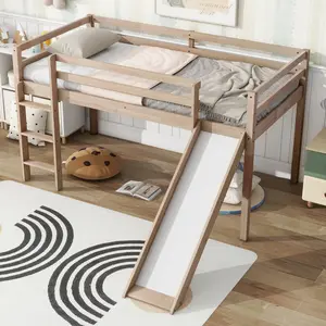 Minimalist Modern Twin Size Rubber Wood Low Loft Bed (6 Inches or Less) - 78.6" L x 80.6" W x 44.3" H, with Slide, Ladder, Full Safety Guardrails, 250 LBS Capacity, No Box Spring Needed, Assembly Required, 3 Finishes (Natural, White, Grey)
