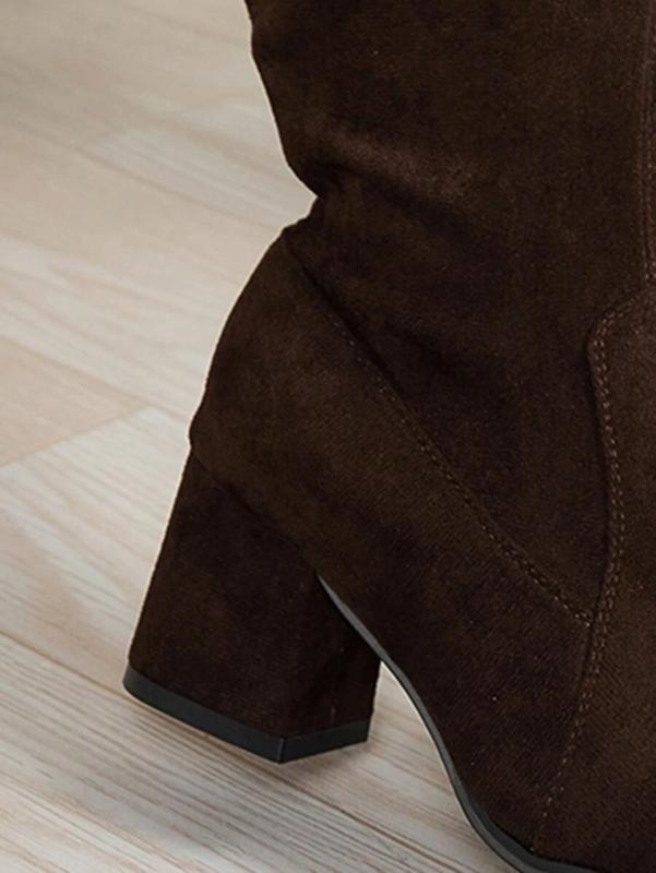 Chunky Heel Over-The-Knee Boots, Wide Calf, Brown, Round Toe, Elastic Shaft, Anti-Slip High Heel Boots For Women