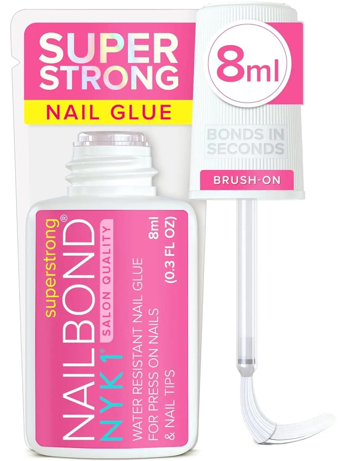Super Strong Nail Glue for Press On Nails, Nail Tips & Acrylic Nails (8ml) NYK1 NailBond Brush On Glue for Press Ons, Tips & Acrylics - Long Lasting, Maximum Strength, Mess-Free Application
