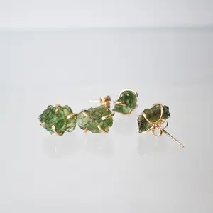 Moldavite earrings 14K Gold Filled or 925 Silver with Certificate of Authenticity from The Czech Republic, moldavite stud earrings, made to order birthday gift elegant all-match