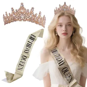 2Pcs Rose Gold Crown & Sash Set, Sparkling Crystal Rhinestone Tiara Headband, Luxury Alloy Princess Headpiece, Elegant Bridal Hair Accessories for Wedding, Birthday, Prom, Pageant, Coming-of-Age Ceremony & Photo Props