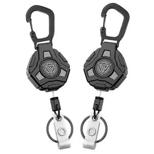Tactical Geometric Carabiner Keychain - Automatic Retractable Steel Wire with Anti-Theft Lock & Polygonal Design |     Heavy-Duty ABS for Outdoor/Camping (Black, Individually Packaged) carabiner