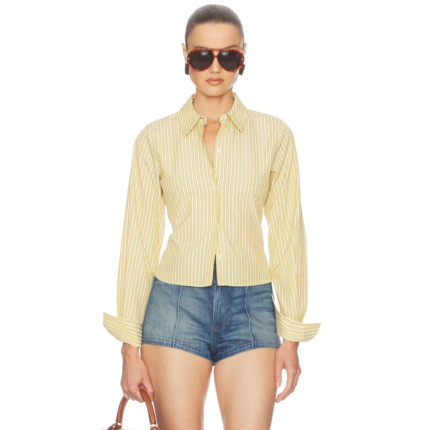 Helsa Stripe Poplin Fitted Shirt in Yellow Stripe