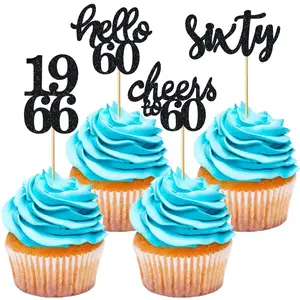 12/24Pcs Glitter 60th Birthday Party Cupcake Toppers Hello 60 Sixty Cake Toppers Cheers to 60 Years Vintage 1966 Cupcake Picks 60th Birthday Cake Decorations Supplies