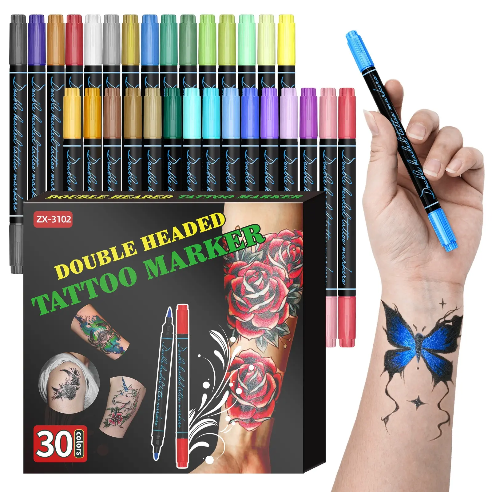 30 Color Dual-Ended Temporary Tattoo Pens, Washable Acrylic Tattoo Markers, Gentle Soft Tip Body Paint Pen, Role Play Party Skin Marker Smooth