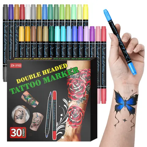 10/30 Color Dual-Ended Temporary Tattoo Pen, Washable Acrylic Tattoo Marker, Soft Tip Smooth Body Art Brush, Role Play Festival Party Skin Pen