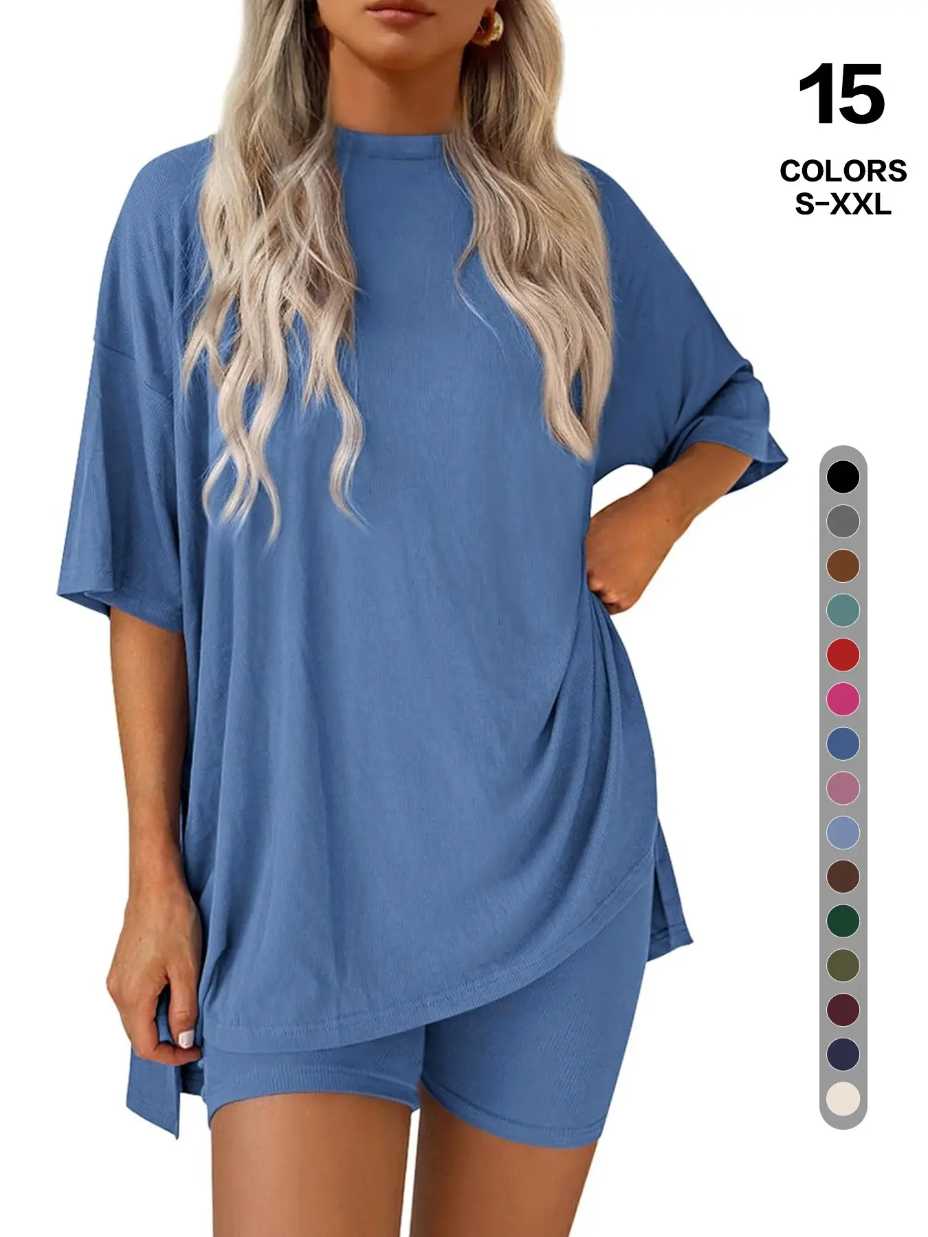 2026 Spring Summer Basic Casual Women's Clothes 2-Piece Loungewear Set, Ladies Top and Shorts, Loose-Fitting T-Shirt, Oversized Short Sleeve T-Shirt & High Waist Biker Shorts, Casual Outfit with Side Slit & Pockets, Womenswear