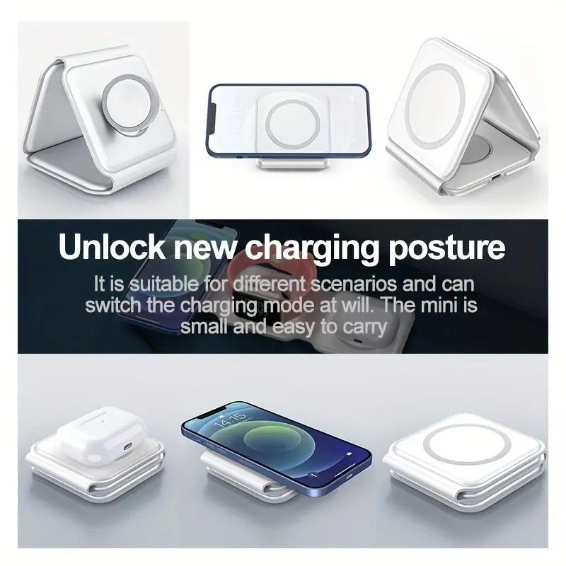 3-In-1 Foldable Wireless Charger For IPhone 12/13/14 Pro Max, For Airpods Pro, For IWatch. Portable Foldable Fast Charging Dock Magnetic Wireless Charger Folding Qi Wireless Charger Stand 15W Android Device