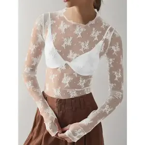Women's Floral Lace Sheer Tee with Thumb Holes, Trendy Mock Neck Long Sleeve Top for Daily Wear Fit Shirts