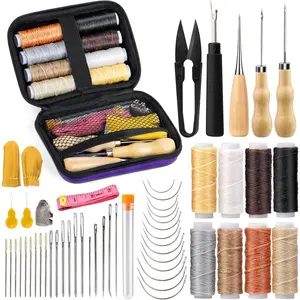 54 count Upholstery Repair Sewing Kit, 8 count Waxed Thread, Leather Sewing , Stitching Awl, Thimble, Heavy Duty Upholstery Repair Kit for Carseat Backpack Carpet Boots Shoes Canvas Sofa