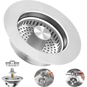 3-in-1 Kitchen Sink Drain Strainer Stopper, Upgraded Stainless Steel Sink Plug with Anti-Clog Filter Basket, Fits Standard 3-1/2 Inch Drain Hole, Pop Up Garbage Disposal Cover Food Catcher Brass Finish Stainless Steel Drain Stopper product patented free