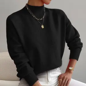 Women's Solid Color Elegant Mock Neck Long Sleeve Drop Shoulder Pullover Sweater