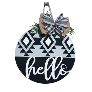Hello Wooden Door Hanger - 18" Round Hand Painted Door Sign for Home Decor